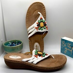 Clarks Artisan White and Tan Sandals with Colorful Accents